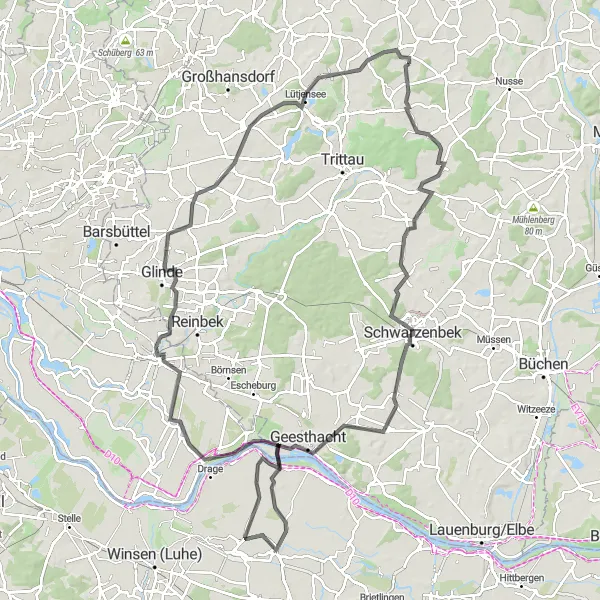 Map miniature of "Schwarzenbek and Geesthacht Tour" cycling inspiration in Schleswig-Holstein, Germany. Generated by Tarmacs.app cycling route planner