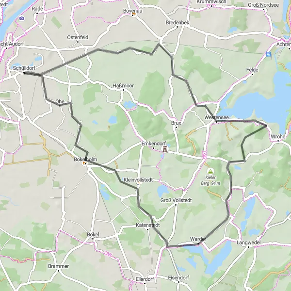 Map miniature of "Westensee and Warder Loop" cycling inspiration in Schleswig-Holstein, Germany. Generated by Tarmacs.app cycling route planner