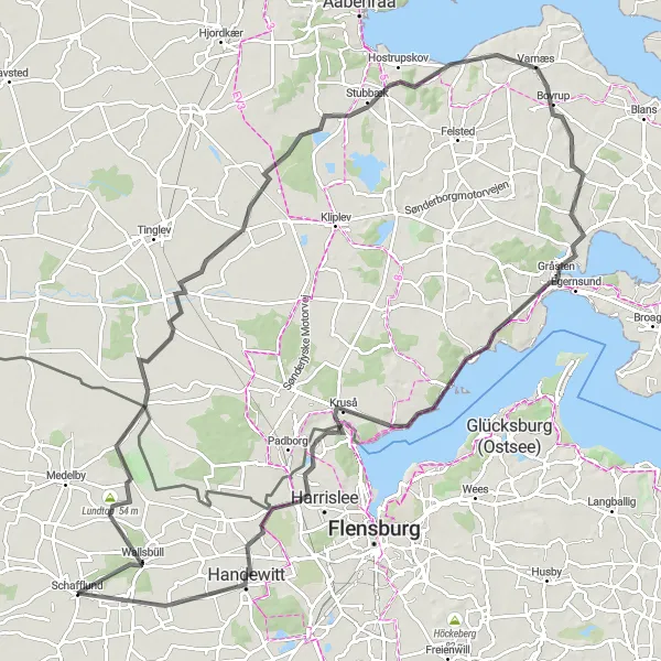 Karten-Miniaturansicht der Radinspiration "Rundtour Osterby - Lundtop - Bjerndrup - Bovrup - Gråsten - Kruså - Handewitt - Meyn" in Schleswig-Holstein, Germany. Erstellt vom Tarmacs.app-Routenplaner für Radtouren