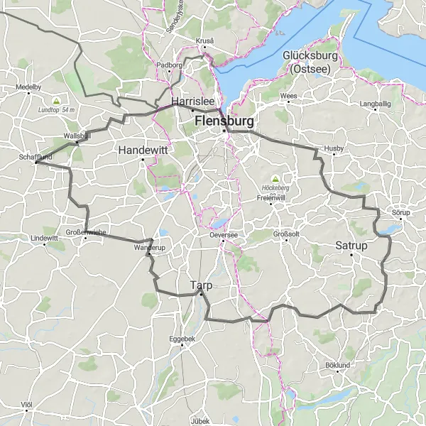 Map miniature of "Wanderup and Großenwiehe Ride" cycling inspiration in Schleswig-Holstein, Germany. Generated by Tarmacs.app cycling route planner