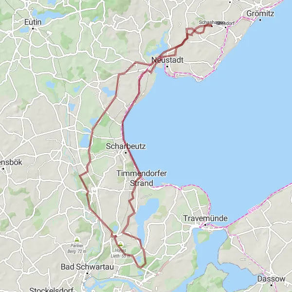 Map miniature of "Schashagen - Klingberg - Ratekau - Hohes Lieth - Timmendorfer Strand - Neustadt Loop" cycling inspiration in Schleswig-Holstein, Germany. Generated by Tarmacs.app cycling route planner