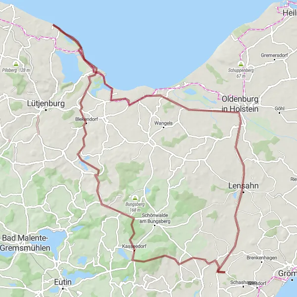 Map miniature of "Schashagen - Blekendorf - Hohwachter Flunder - Döhnsdorf - Oldenburg in Holstein Circular Route" cycling inspiration in Schleswig-Holstein, Germany. Generated by Tarmacs.app cycling route planner