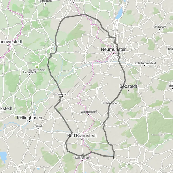 Map miniature of "Hitzhusen - Willenscharen - Glasberg - Krogaspe - Großenaspe - Hasenmoor Road Route" cycling inspiration in Schleswig-Holstein, Germany. Generated by Tarmacs.app cycling route planner