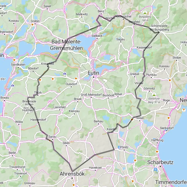 Map miniature of "Hills and Valleys Loop" cycling inspiration in Schleswig-Holstein, Germany. Generated by Tarmacs.app cycling route planner