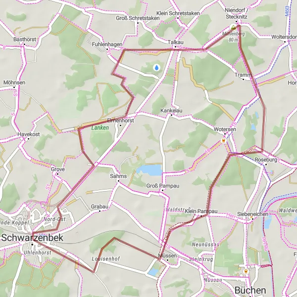 Map miniature of "Elmenhorst and Mühlenberg Exploration" cycling inspiration in Schleswig-Holstein, Germany. Generated by Tarmacs.app cycling route planner