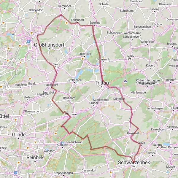 Map miniature of "Schwarzenbek to Blinde Koppel Loop" cycling inspiration in Schleswig-Holstein, Germany. Generated by Tarmacs.app cycling route planner