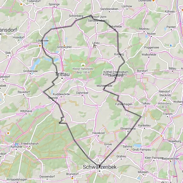 Map miniature of "Scenic Road Cycling through Grande and Fuhlenhagen" cycling inspiration in Schleswig-Holstein, Germany. Generated by Tarmacs.app cycling route planner