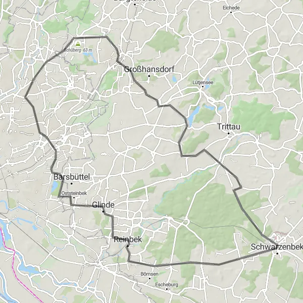 Map miniature of "Schwarzenbek - Ahrensburg Loop" cycling inspiration in Schleswig-Holstein, Germany. Generated by Tarmacs.app cycling route planner