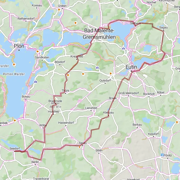 Karten-Miniaturansicht der Radinspiration "Gravelabenteuer um Malente und Eutin" in Schleswig-Holstein, Germany. Erstellt vom Tarmacs.app-Routenplaner für Radtouren