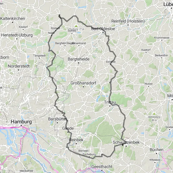 Map miniature of "Bad Oldesloe to Itzstedt Grand Loop" cycling inspiration in Schleswig-Holstein, Germany. Generated by Tarmacs.app cycling route planner