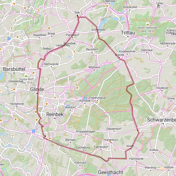 Map miniature of "Börnsen and Glinde Circuit" cycling inspiration in Schleswig-Holstein, Germany. Generated by Tarmacs.app cycling route planner