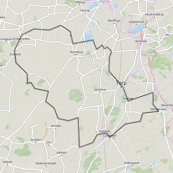 Map miniature of "Scenic Langstedt and Serene Tarp" cycling inspiration in Schleswig-Holstein, Germany. Generated by Tarmacs.app cycling route planner