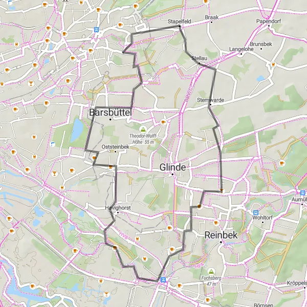 Karten-Miniaturansicht der Radinspiration "Rundtour über Neuschönningstedt" in Schleswig-Holstein, Germany. Erstellt vom Tarmacs.app-Routenplaner für Radtouren