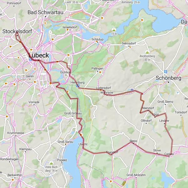 Map miniature of "Lübeck and Lockwisch Gravel Route" cycling inspiration in Schleswig-Holstein, Germany. Generated by Tarmacs.app cycling route planner