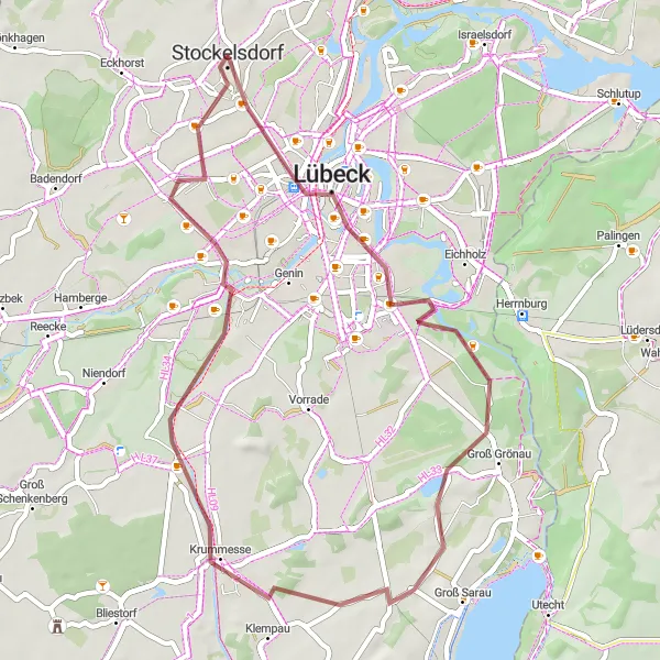 Karten-Miniaturansicht der Radinspiration "Rundtour von Stockelsdorf nach Lübeck und Klempau" in Schleswig-Holstein, Germany. Erstellt vom Tarmacs.app-Routenplaner für Radtouren