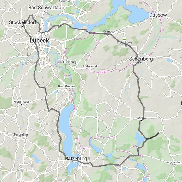 Map miniature of "Scenic Tour of Stockelsdorf" cycling inspiration in Schleswig-Holstein, Germany. Generated by Tarmacs.app cycling route planner