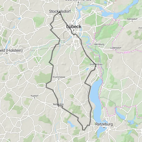 Map miniature of "Lübeck and the Surrounding Countryside" cycling inspiration in Schleswig-Holstein, Germany. Generated by Tarmacs.app cycling route planner