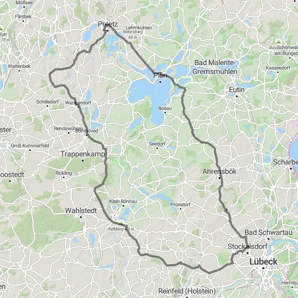 Map miniature of "Challenging road cycling route from Stockelsdorf to Flörkendorfer Teich" cycling inspiration in Schleswig-Holstein, Germany. Generated by Tarmacs.app cycling route planner