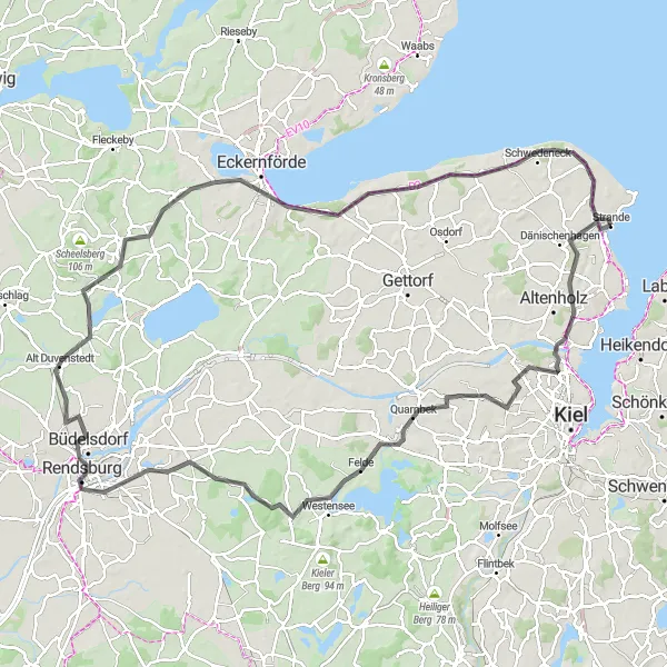 Karten-Miniaturansicht der Radinspiration "Kronshagen nach Strande" in Schleswig-Holstein, Germany. Erstellt vom Tarmacs.app-Routenplaner für Radtouren