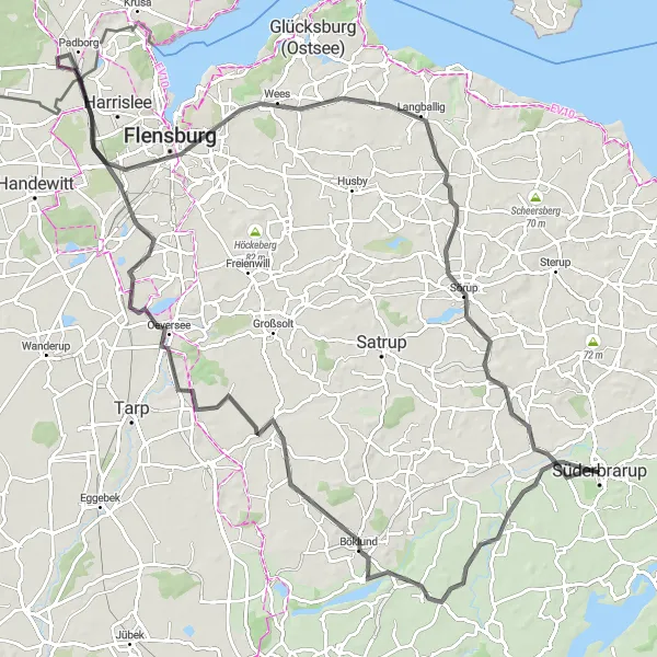 Map miniature of "Heidberg and Flensburg Coastal Ride" cycling inspiration in Schleswig-Holstein, Germany. Generated by Tarmacs.app cycling route planner