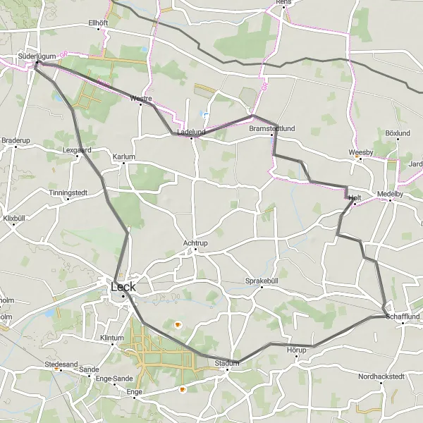 Map miniature of "Leck Scenic Loop" cycling inspiration in Schleswig-Holstein, Germany. Generated by Tarmacs.app cycling route planner