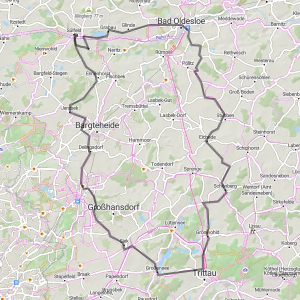 Map miniature of "Trittau and Ahrensburg Tour" cycling inspiration in Schleswig-Holstein, Germany. Generated by Tarmacs.app cycling route planner