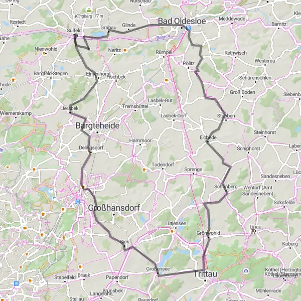 Karten-Miniaturansicht der Radinspiration "Naturerlebnis rund um Bad Oldesloe" in Schleswig-Holstein, Germany. Erstellt vom Tarmacs.app-Routenplaner für Radtouren