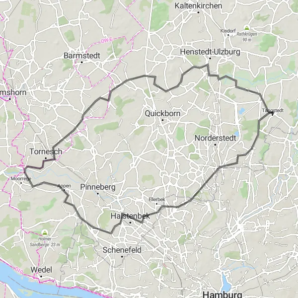 Map miniature of "Schnelsen-Uetersen-Hemdingen-Wilstedt Road Adventure" cycling inspiration in Schleswig-Holstein, Germany. Generated by Tarmacs.app cycling route planner