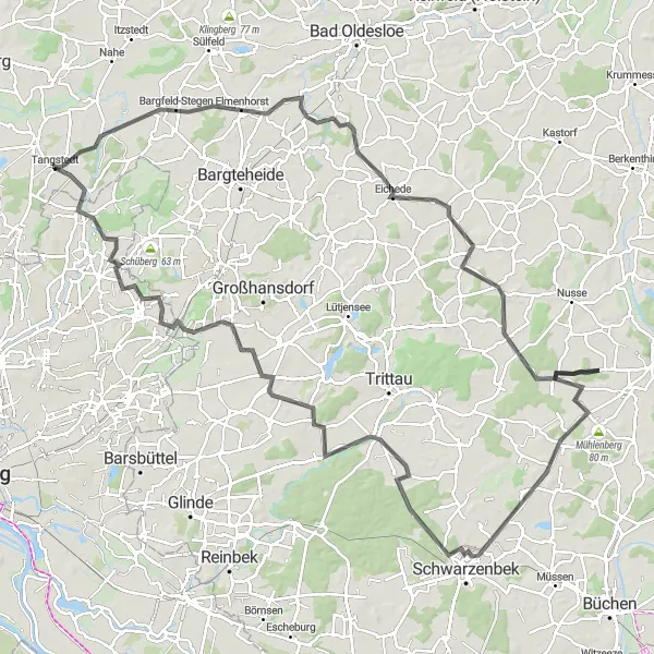Map miniature of "Tangstedt to Schwarzenbek Adventure" cycling inspiration in Schleswig-Holstein, Germany. Generated by Tarmacs.app cycling route planner