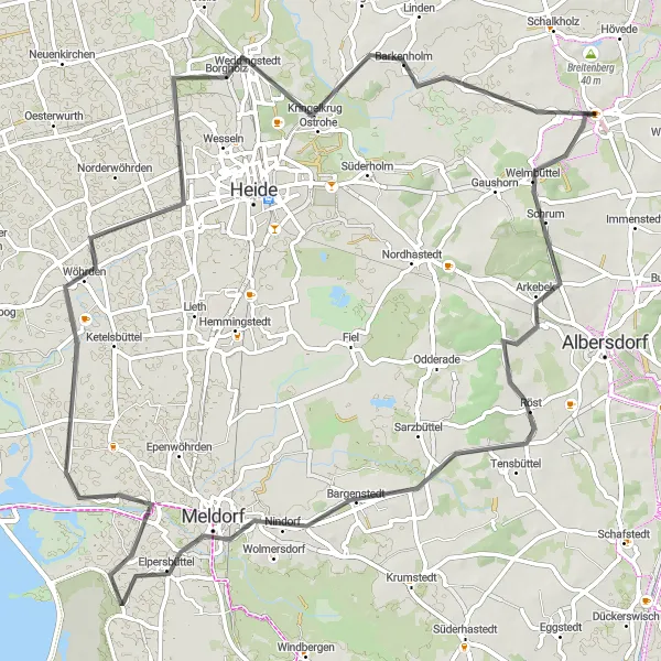 Map miniature of "Meldorf Road Route" cycling inspiration in Schleswig-Holstein, Germany. Generated by Tarmacs.app cycling route planner