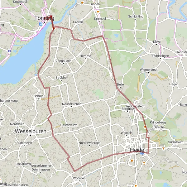 Map miniature of "The Weddingstedt Gravel Adventure" cycling inspiration in Schleswig-Holstein, Germany. Generated by Tarmacs.app cycling route planner