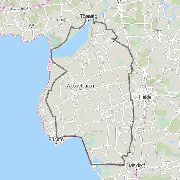 Map miniature of "The Büsumer Deichhausen Coastal Ride" cycling inspiration in Schleswig-Holstein, Germany. Generated by Tarmacs.app cycling route planner