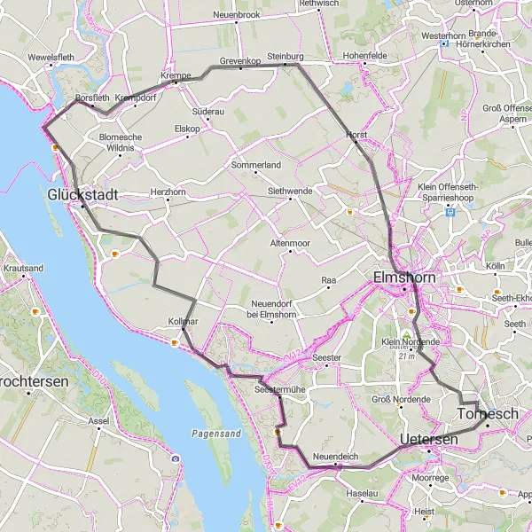 Map miniature of "The Uetersen to Elmshorn Loop" cycling inspiration in Schleswig-Holstein, Germany. Generated by Tarmacs.app cycling route planner