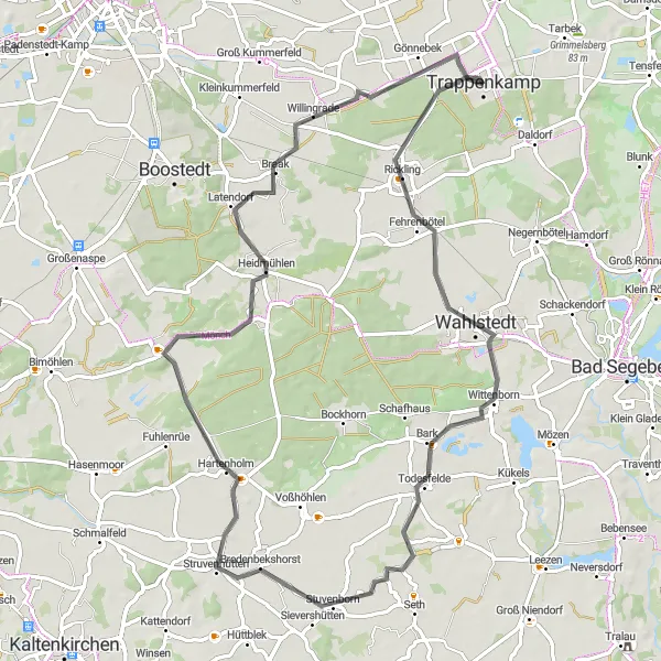 Map miniature of "Sievershütten Loop" cycling inspiration in Schleswig-Holstein, Germany. Generated by Tarmacs.app cycling route planner