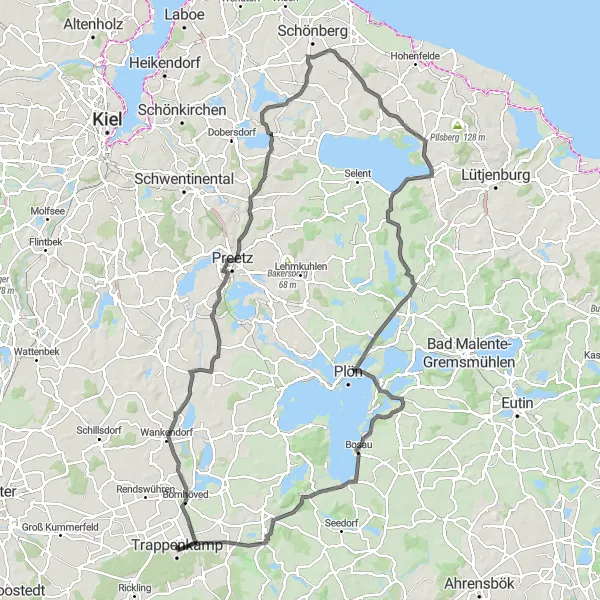 Map miniature of "From Trappenkamp to Plön" cycling inspiration in Schleswig-Holstein, Germany. Generated by Tarmacs.app cycling route planner