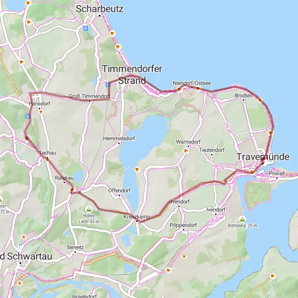 Map miniature of "Travemünde to Hohes Lieth Gravel Route" cycling inspiration in Schleswig-Holstein, Germany. Generated by Tarmacs.app cycling route planner