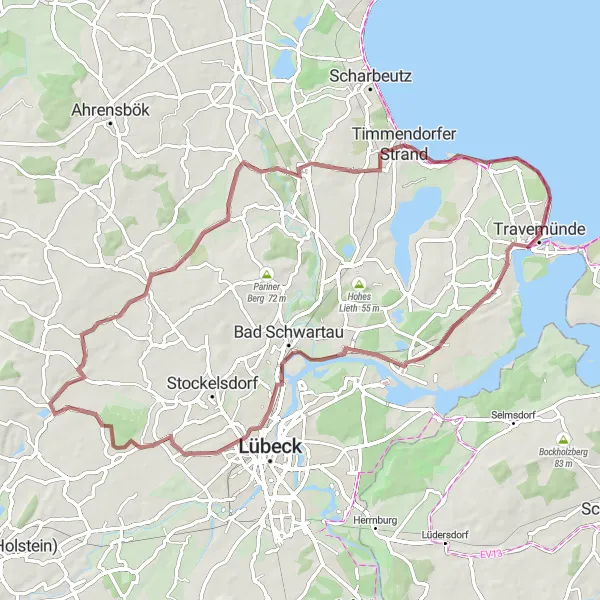 Map miniature of "Travemünde Gravel Adventure" cycling inspiration in Schleswig-Holstein, Germany. Generated by Tarmacs.app cycling route planner