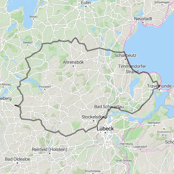 Map miniature of "Travemünde to Timmendorfer Strand Road Route" cycling inspiration in Schleswig-Holstein, Germany. Generated by Tarmacs.app cycling route planner