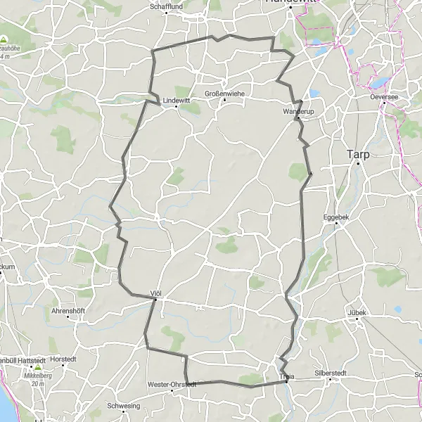 Map miniature of "Treia Road Cycling - Viöl and Wanderup Route" cycling inspiration in Schleswig-Holstein, Germany. Generated by Tarmacs.app cycling route planner