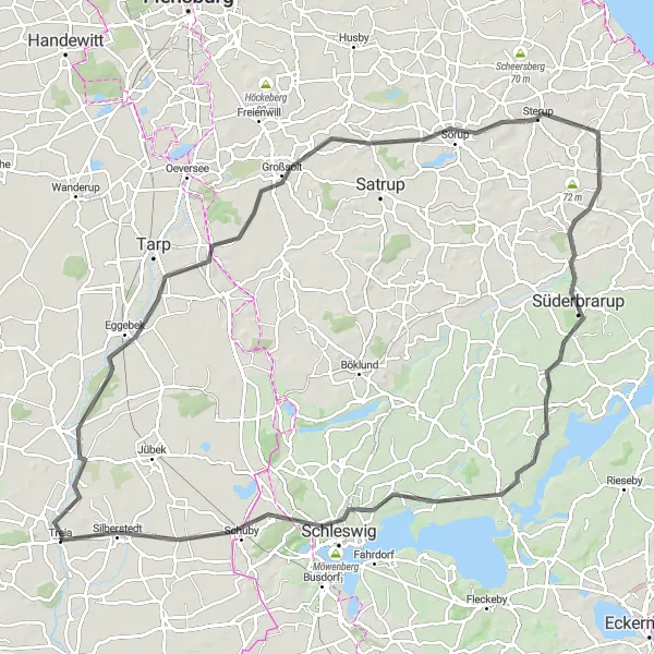 Map miniature of "Treia Road Cycling - Eggebek Tour" cycling inspiration in Schleswig-Holstein, Germany. Generated by Tarmacs.app cycling route planner