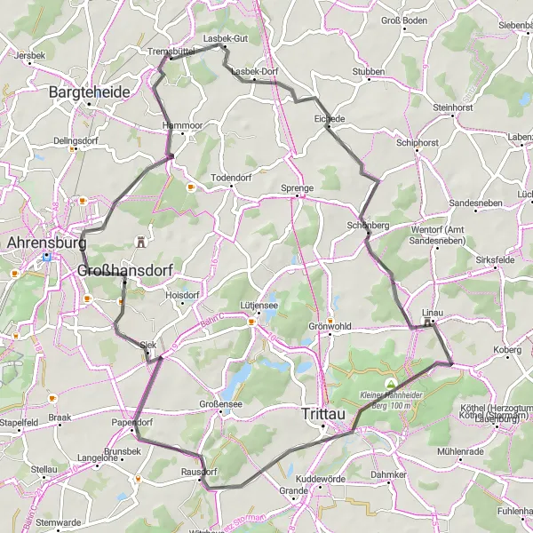 Map miniature of "The Linau Loop" cycling inspiration in Schleswig-Holstein, Germany. Generated by Tarmacs.app cycling route planner