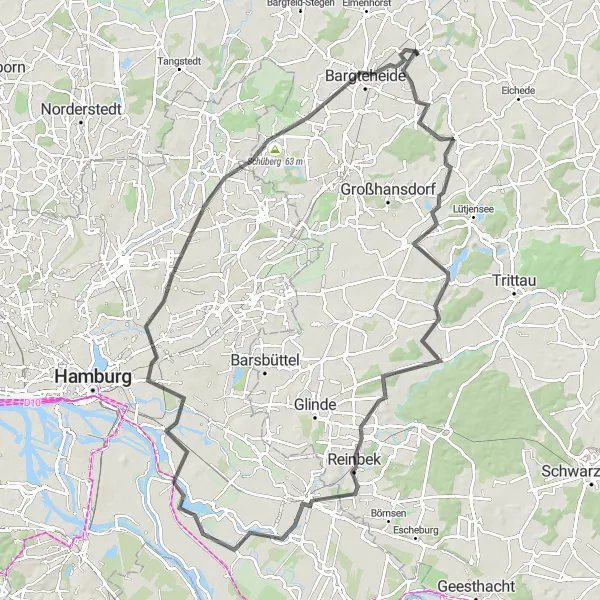 Karten-Miniaturansicht der Radinspiration "Radtour durch Hoisdorf, Wentorf bei Hamburg und Bergstedt" in Schleswig-Holstein, Germany. Erstellt vom Tarmacs.app-Routenplaner für Radtouren