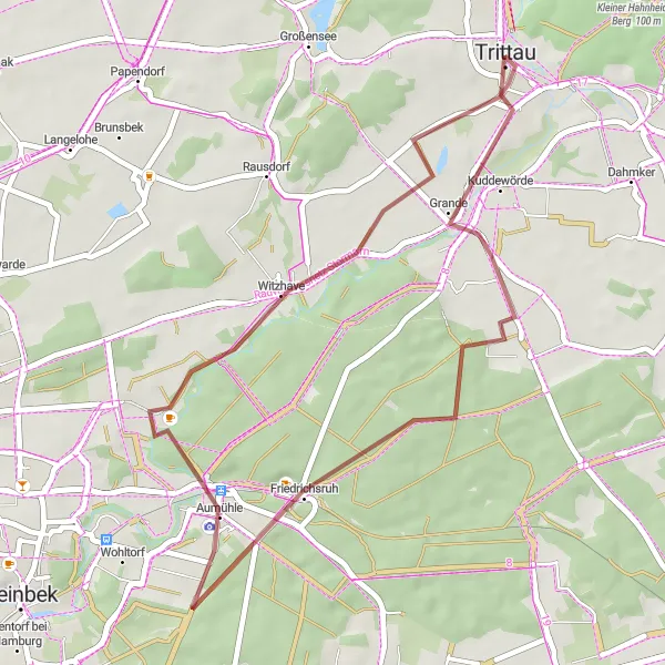 Map miniature of "Trittau - Kuddewörde - Friedrichsruh - Aumühle - Witzhave - Trittau" cycling inspiration in Schleswig-Holstein, Germany. Generated by Tarmacs.app cycling route planner