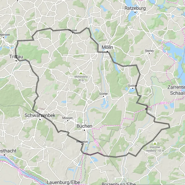 Map miniature of "Trittau - Nusse - Mölln - Am Stadtsee - Gudow - Gallin - Granziner Heidberg - Witzeeze - Schwarzenbek - Trittau" cycling inspiration in Schleswig-Holstein, Germany. Generated by Tarmacs.app cycling route planner