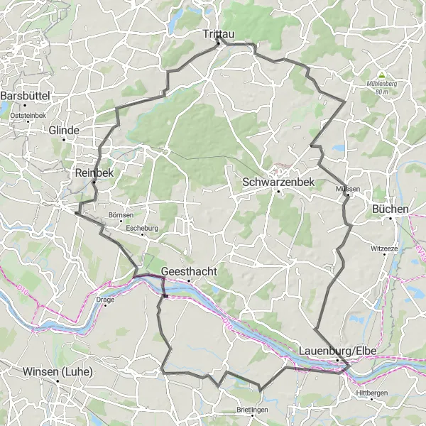 Karten-Miniaturansicht der Radinspiration "Straßenradtour von Trittau nach Wentorf bei Hamburg" in Schleswig-Holstein, Germany. Erstellt vom Tarmacs.app-Routenplaner für Radtouren