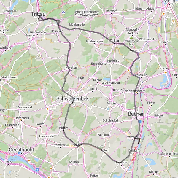 Karten-Miniaturansicht der Radinspiration "Straßenroute nach Lütau und Kollow" in Schleswig-Holstein, Germany. Erstellt vom Tarmacs.app-Routenplaner für Radtouren