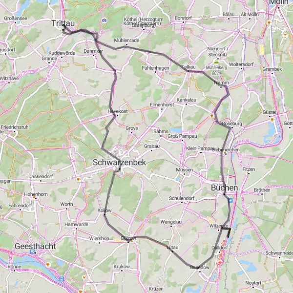 Map miniature of "Mühlenrade Adventure" cycling inspiration in Schleswig-Holstein, Germany. Generated by Tarmacs.app cycling route planner