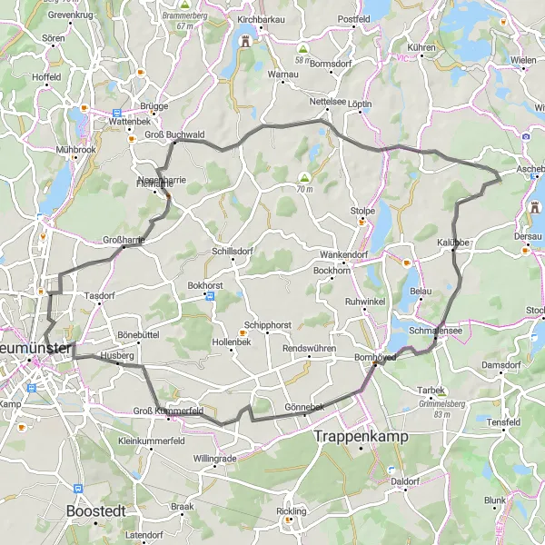 Map miniature of "Negenharrie, Dosenbek and Bornhöved Road Cycling Loop" cycling inspiration in Schleswig-Holstein, Germany. Generated by Tarmacs.app cycling route planner