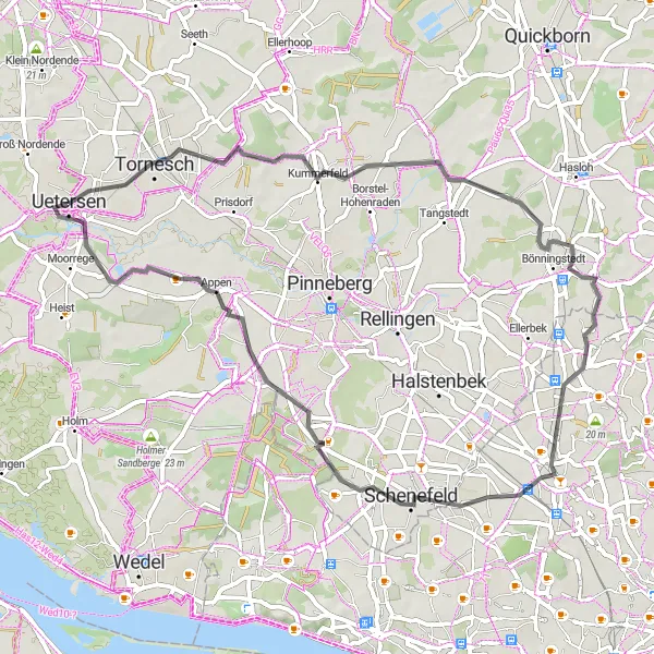 Karten-Miniaturansicht der Radinspiration "Uetersen-Runde durch Bönningstedt und Schenefeld" in Schleswig-Holstein, Germany. Erstellt vom Tarmacs.app-Routenplaner für Radtouren