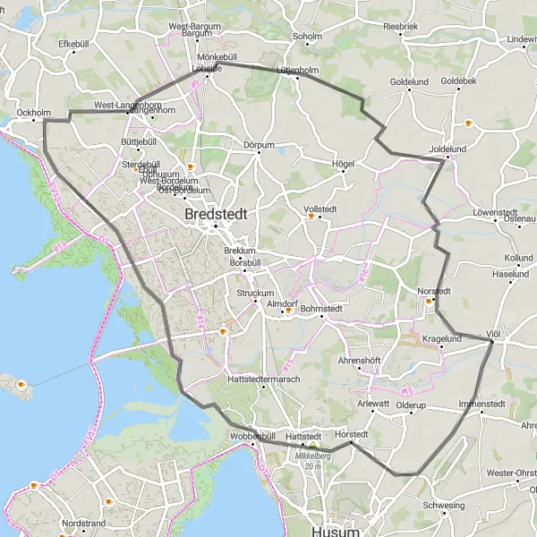 Karten-Miniaturansicht der Radinspiration "Rundtour durch Immenstedt, Mikkelberg und Joldelund" in Schleswig-Holstein, Germany. Erstellt vom Tarmacs.app-Routenplaner für Radtouren